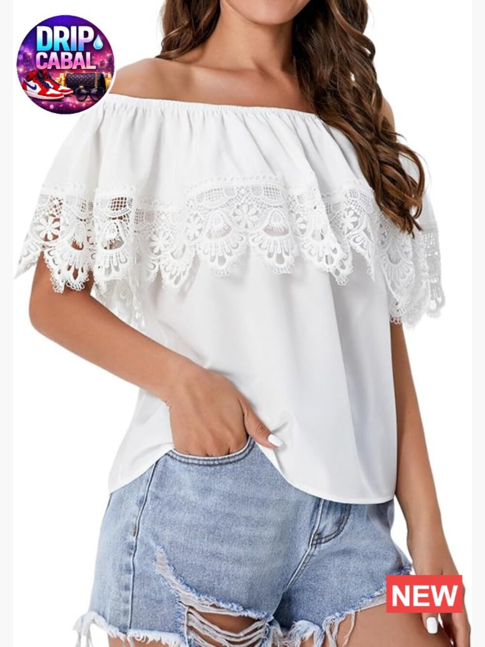 Off the Shoulder Ruffle Trim Short Sleeve Lace Blouse Top